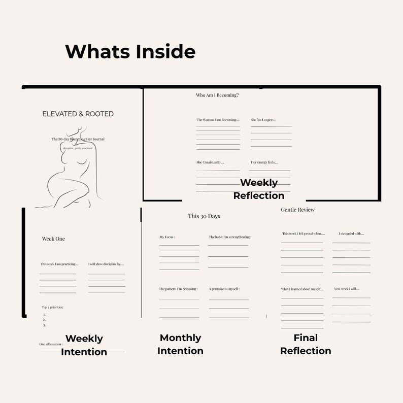May include: A journal spread with the text "Whats Inside" at the top. The left side features a line drawing of a woman and the text "ELEVATED & ROOTED". Sections include "Weekly Intention", "Monthly Intention", and "Final Reflection".