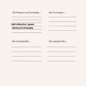 May include: A minimalist journal page with prompts and lines for writing. The text includes "The Woman I am becoming...", "She No Longer...", "She Consistently...", and "Her energy feels...". Additional text reads "Soft reflective layout" and "Minimal & Printable".