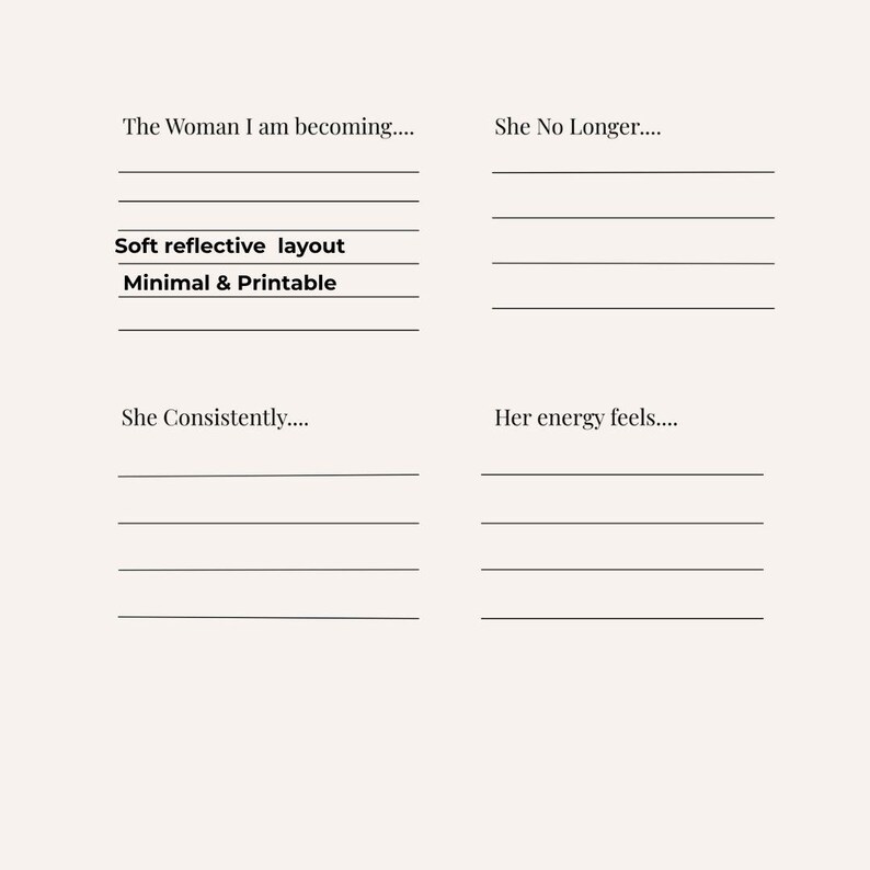 May include: A minimalist journal page with prompts and lines for writing. The text includes "The Woman I am becoming...", "She No Longer...", "She Consistently...", and "Her energy feels...". Additional text reads "Soft reflective layout" and "Minimal & Printable".