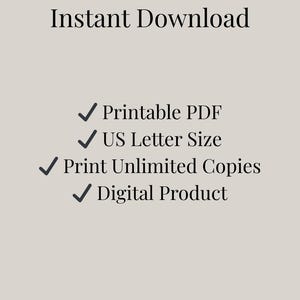 May include: An advertisement for a digital product, featuring the text "Instant Download" at the top. Below, a list includes "Printable PDF," "US Letter Size," "Print Unlimited Copies," and "Digital Product," each with a checkmark.