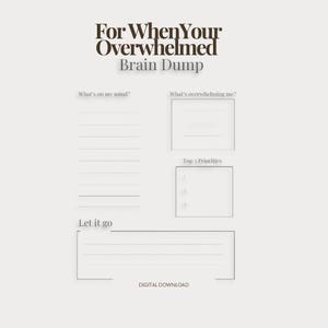 May include: A digital download printable with the text "For When You're Overwhelmed Brain Dump." The design includes sections for "What's on my mind?", "What's overwhelming me?", "Top 3 Priorities", and "Let it go."