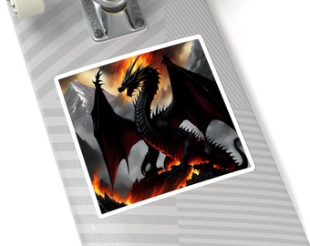 Stickers dragon, fantastique, dragon noir, rêve, feu, magique, féroce, coupe de baiser