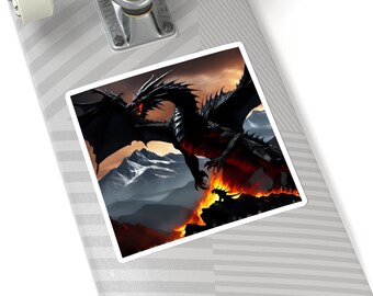 Stickers dragon, fantastique, dragon noir, rêve, feu, magique, féroce, coupe de baiser