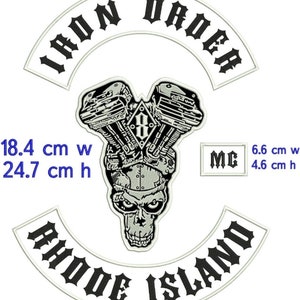 May include: Iron Order Rhode Island MC patch set with a skull and engine design. The patches are white with black lettering and measure 33 cm wide by 15 cm high, 18.4 cm wide by 24.7 cm high, 36.2 cm wide by 15.6 cm high, and 6.6 cm wide by 4.6 cm high.
