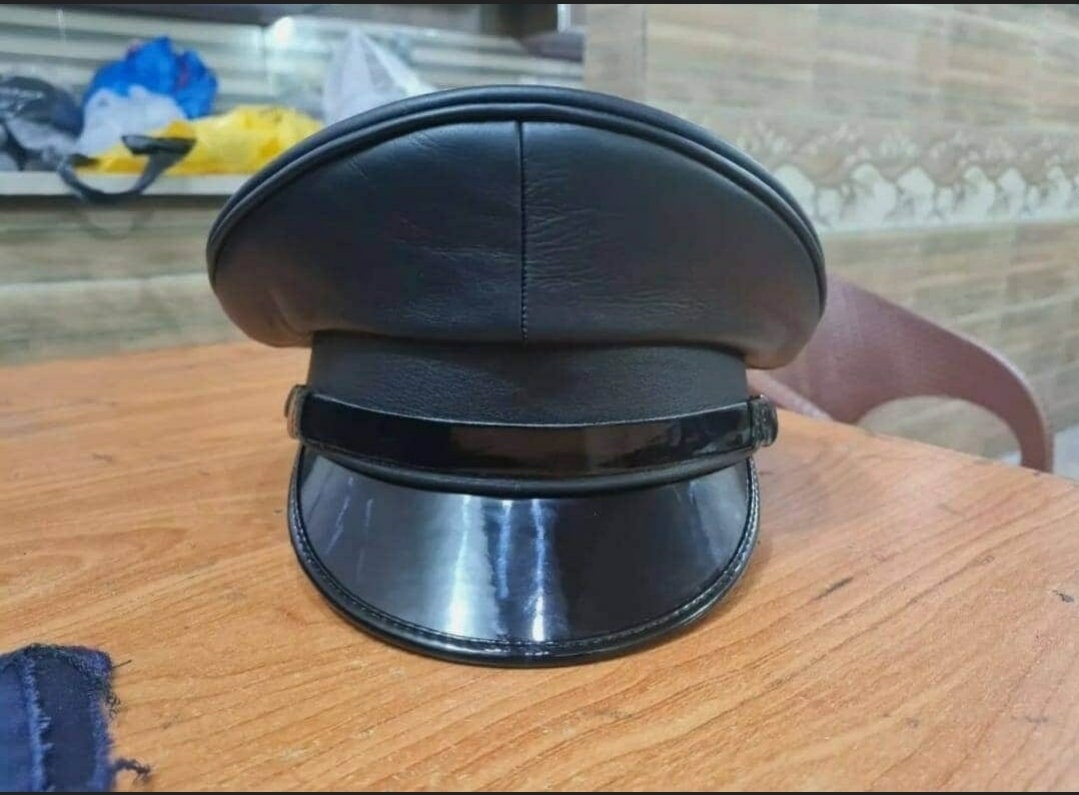 Berretto In Pelle - Vera Pelle Nero Army Muir Biker Arancione Trim - Foto 2