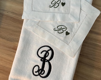 Monogram Linen Cocktail Napkins | Personalized Initial & Heart | Hemstitch Embroidered | Set of 4 | Wedding Gift | Bar Cart Entertaining