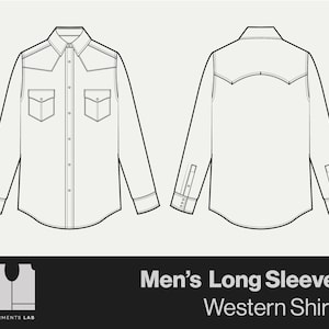 May include: A line drawing of a long-sleeved western shirt with a pointed collar, two chest pockets, and a yoke. The shirt is shown from the front and back.