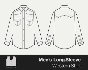 Men's Western Shirt Flat Sketch, Pearl Buttons, Fashion Technical Drawing (ai, eps, pdf, png)
