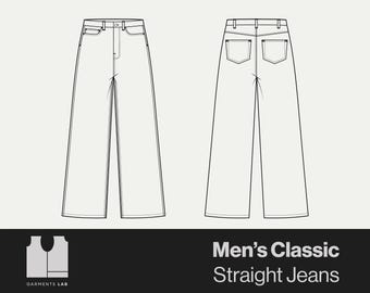 Men's Classic Straight Jeans Flat Sketch, Fashion Design Template (ai, eps, pdf, png)