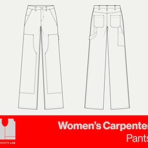 May include: Line drawing of Women's Carpenter Pants, front and back views. The pants are light-colored with a wide leg, featuring multiple pockets and reinforced panels. The image includes the text "Women's Carpenter Pants" in white on a red background.