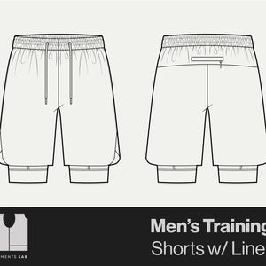 Puede incluir: Dibujo lineal de pantalones cortos de entrenamiento con forro. Los pantalones cortos tienen una cintura con cordón y un bolsillo trasero con cremallera. El texto "Men's Training Shorts w/ Liner" se muestra debajo.
