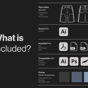 May include: A black graphic with the text "What is Included?" and information about denim shorts design files. Includes flat sketches, source files, and compatible software. Features denim swatch samples in three colors.