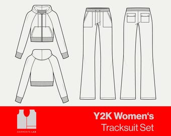 Y2K Tracksuit Set Crop Hoodie Boot Cut Pant Mock Up, Fashion Design, Technical Flat Sketch, CAD, Clothing Design, Tehcnical Drawing