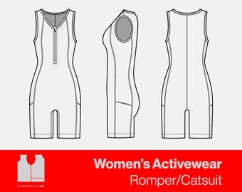 Sleeveless Bodycon Jumpsuit Flat Sketch, Activewear Fashion Template (Digital Download)