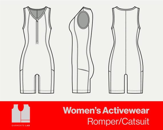 Women's Sportwear/Activewear/Athleisure Bodycon Jumpsuit Sleveless Onesie Flat Sketch, Fashion sketch templates, Technical drawing