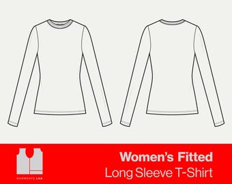 Women's Fitted Crew Neck Long Sleeve T-Shirt detailed fashion sketch templates for begginers, Technical drawing, Clothing Design