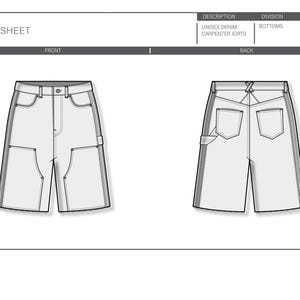May include: Technical drawing of unisex denim carpenter shorts, front and back views. The design sheet includes details like pockets, belt loops, and stitching. The text on the sheet reads "DESIGN SHEET", "UNISEX DENIM CARPENTER JORTS", and "BOTTOMS".