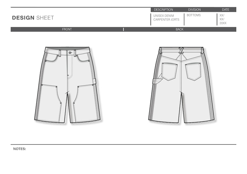 May include: Technical drawing of unisex denim carpenter shorts, front and back views. The design sheet includes details like pockets, belt loops, and stitching. The text on the sheet reads "DESIGN SHEET", "UNISEX DENIM CARPENTER JORTS", and "BOTTOMS".