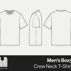 Puede incluir: Dibujo técnico de una camiseta de cuello redondo y corte cuadrado, en tres vistas: frontal, lateral y trasera. La camiseta es de color claro, con mangas cortas y cuello redondo. El texto "Men's Boxy Crew Neck T-Shirt" se muestra debajo.