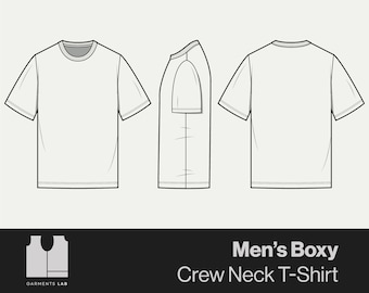 Boxy Men's T-shirt Crew neck, Vector mockup, Technical drawing, Template design, Digital file, Template, Design, Clothing Brand