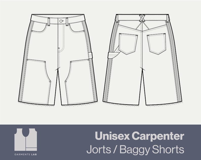 May include: Line drawing of unisex carpenter jorts or baggy shorts. The front view shows pockets and a button closure. The back view shows two pockets and a belt loop detail. The text "Unisex Carpenter Jorts / Baggy Shorts" is displayed.