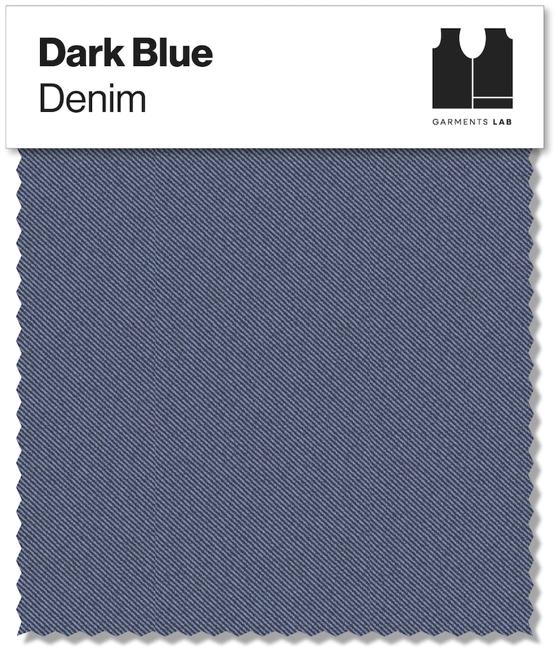 May include: A swatch of dark blue denim fabric with a diagonal weave pattern. The text "Dark Blue Denim" is printed in black on a white label above the fabric. The label also includes a black logo and the text "GARMENTS LAB".