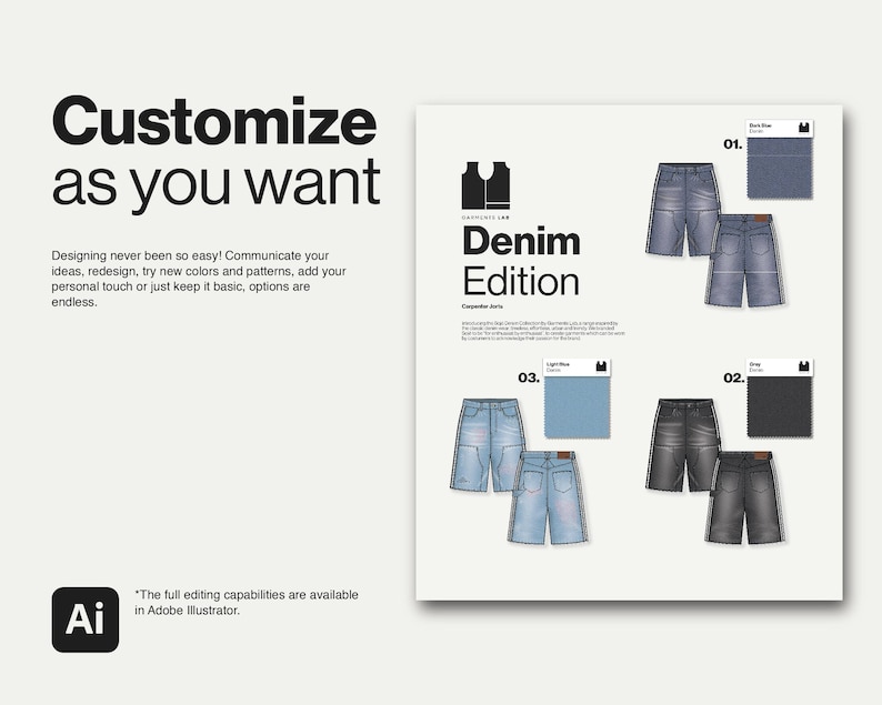 Unisex Carpenter Jorts Flat Sketch, Fashion Template (ai, eps, pdf, png) image 2