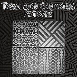 May include: Four black square coasters with different geometric patterns in white. The patterns include a hexagonal pattern, a striped pattern, a pattern of interlocking triangles, and a pattern of small triangles.