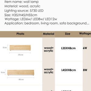 May include: Three wooden wall lamps with a slatted design. The lamps are 35 cm, 45 cm, and 55 cm long. The lamps are made of wood and acrylic and have a wattage of 6W, 8W, and 12W.