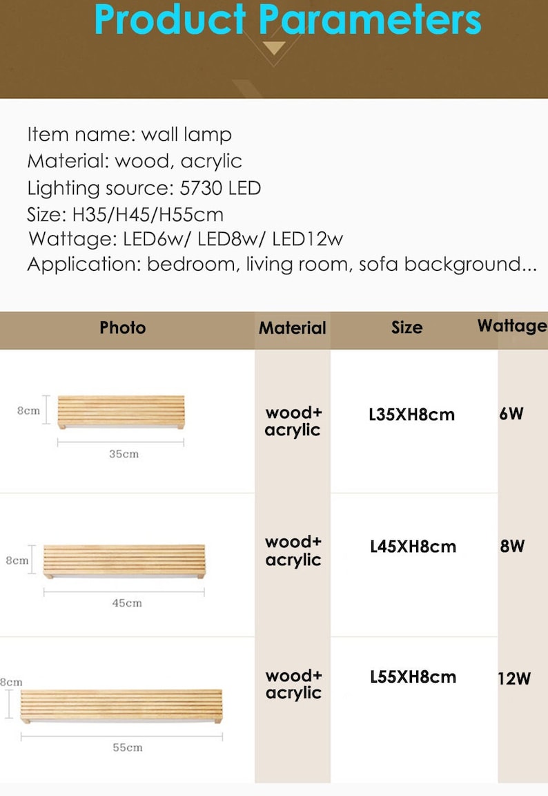 May include: Three wooden wall lamps with a slatted design. The lamps are 35 cm, 45 cm, and 55 cm long. The lamps are made of wood and acrylic and have a wattage of 6W, 8W, and 12W.