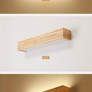 May include: A wooden wall light fixture with a rectangular shape and a light strip inside. The light is turned on in the first and third images, and off in the second image. The text "ON" is displayed below the light in the first and third images, and the text "OFF" is displayed below the light in the second image.