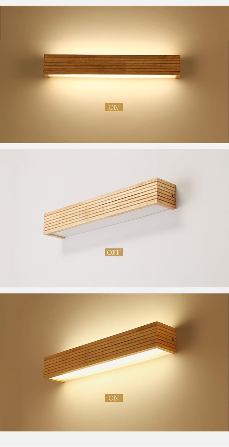May include: A wooden wall light fixture with a rectangular shape and a light strip inside. The light is turned on in the first and third images, and off in the second image. The text "ON" is displayed below the light in the first and third images, and the text "OFF" is displayed below the light in the second image.