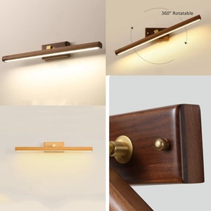 Op de afbeelding: Een houten wandlamp met een gouden accent. De lamp is 360 graden draaibaar. De lamp is aan en verlicht de muur erachter.