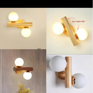 Moderne Scandinavische wandlamp: massief hout met witte glazen bol, draaibare lamp