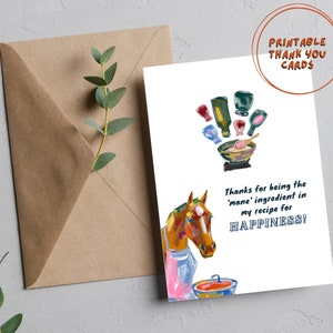 Grappige woordspeling paardenbedankkaart, 'manen'-ingrediënt in mijn recept For Hapiness, For Horse Lover, bedankkaart, thuis afdrukken, digitale kaart
