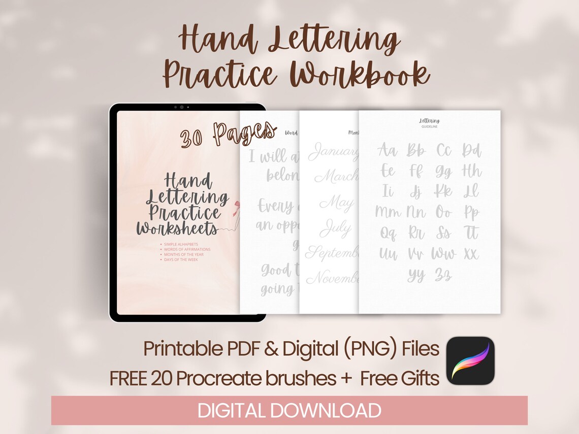 30 Pages Hand Lettering Practice Sheet Workbook, 20 Procreate Lettering