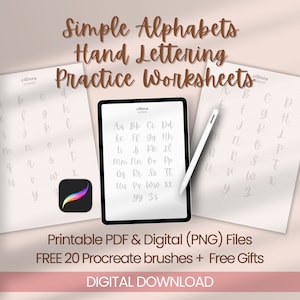 20 Procreate Lettering Brush, 3 Page Simple Alphabet Lettering Practice Sheets, Hand Lettering Practice Sheets, For Procreate, Printable PDF