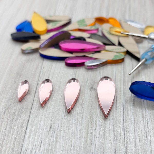 NARROW PETAL Mini Mirrors for Mandala Art • Acrylic Embellishments • Mosaic Craft Supplies • 4 Sizes & 9 Colors • Adhesive Back • Laser Cut