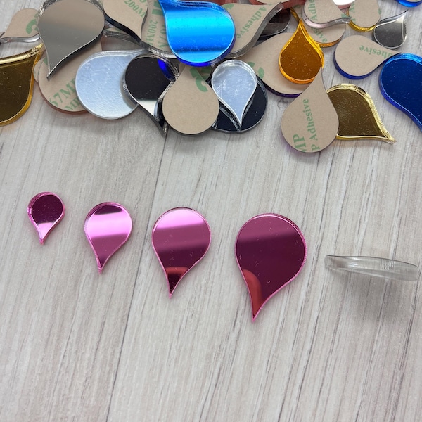 TEARDROP shape Mini Mirrors for Mandala Art • Acrylic Embellishments • Mosaic Craft Supplies • 4 Sizes & 9 Colors • Adhesive Back •Laser Cut