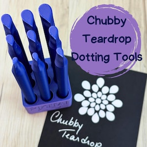 May include: A set of blue teardrop-shaped dotting tools in a purple holder. The tools are used for nail art and other crafts. The text "Chubby Teardrop Dotting Tools" is written in a purple circle.
