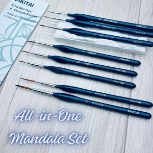 May include: An All-in-One Mandala Set of detailer, liner, and rigger paint brushes. The brushes have dark blue handles and silver metal ferrules. The set includes brushes in various sizes, with the brand name PIKITAI printed on the handles.