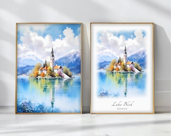 Lake Bled Watercolor Poster Travel Art Print Slovenia Landscape Art Decor Inspirational Wall Art Travel Gift