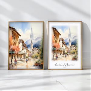 Póster de acuarela de Cortina d&#39;Ampezzo, impresión artística de viaje, paisaje de Italia, decoración artística de pared inspiradora, regalo de viaje