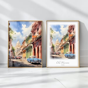 Póster de acuarela de La Habana Vieja, impresión artística de viaje, paisaje de Cuba, decoración artística de pared inspiradora, regalo de viaje