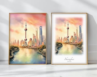 Shanghai Watercolor Poster Travel Art Print China  Landscape Art Decor Inspirational Wall Art Travel Gift