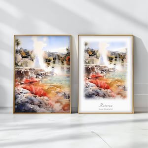 Rotorua Watercolor Poster Travel Art Print New Zealand Landscape Art Decor Inspirational Wall Art Travel Gift