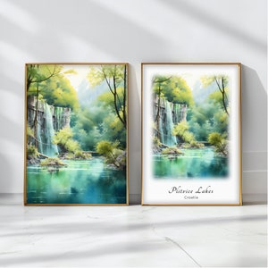 Plitvice Lakes Watercolor Poster Travel Art Print Croatia Landscape Art Decor Inspirational Wall Art Travel Gift