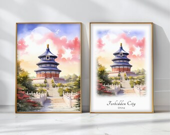 Forbidden City Watercolor Travel Poster Art Print China Scenic Landscape Urban Decor Inspirational Wall Hanging Travel Gift