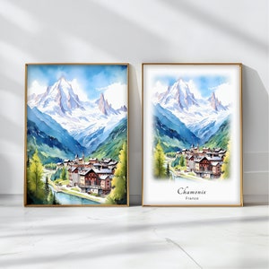 Póster de acuarela de Chamonix, impresión artística de viaje, arte de paisaje de Francia, decoración de pared inspiradora, regalo de viaje
