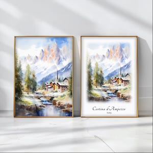 Póster de acuarela de Cortina d&#39;Ampezzo, impresión artística de viaje, paisaje de Italia, decoración artística de pared inspiradora, regalo de viaje
